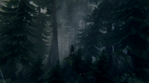 This is a screenshot of a viking in the rain standing on a rock in the Black Forest of the Valheim video game with ReShade 4.9.1.