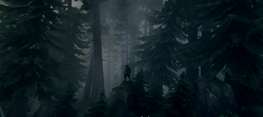 This is a screenshot of a viking in the rain standing on a rock in the Black Forest of the Valheim video game with ReShade 4.9.1.